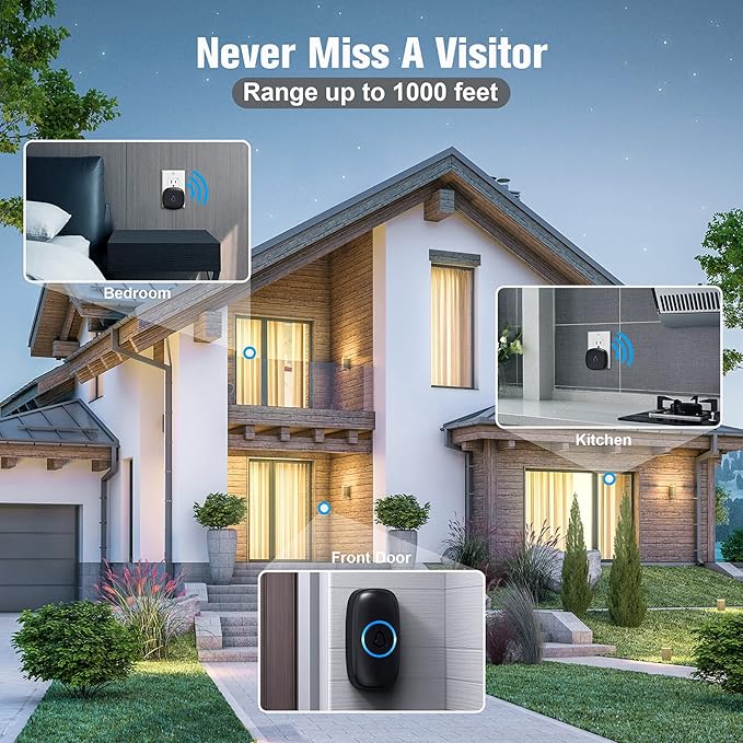 SECRUI Wireless Doorbell with 2 Buttons, Waterproof Mini Door Bell 1,000ft Range 110dB Mute Mode 58 Door Chimes & Colorful LED Flashing - Black