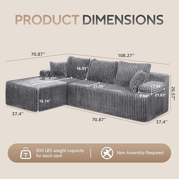 Modular Sectional Sofa Couches L-Shape Couch 3 Seat Modular Sofa Memory Foam Sectional Couches for Living Room, Cloud Couch with Oversized Chaise (Light Grey Stripe, 108" Left Facing Chaise)