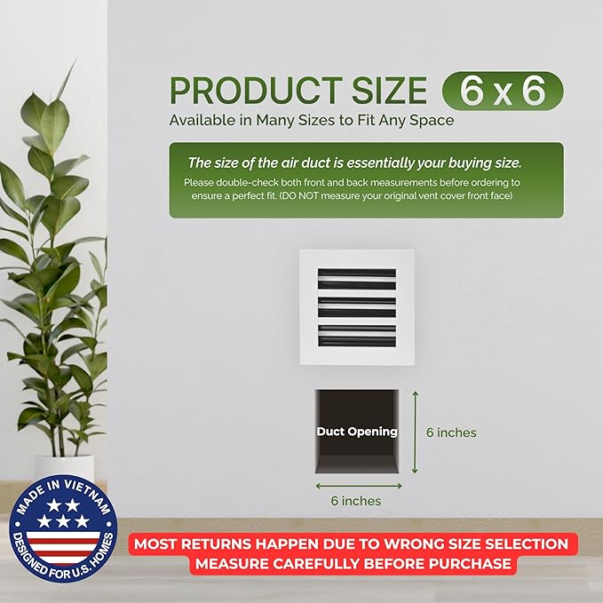 Modern Air Vent Cover 6x6 (Duct Opening) - Decorative White Aluminum Linear Slot Diffuser for Wall, Ceiling, Floor Register - Quiet Operation HVAC Grille for Home with Adjustable Airflow