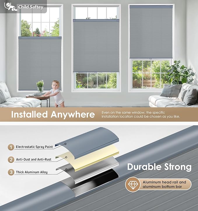 LazBlinds No Tools No Drill Cordless Cellular Shades, Light Filtering Honeycomb Shades for Home, Thermal Insulation Blinds for Windows, 55" W x 64" H, Dark Grey