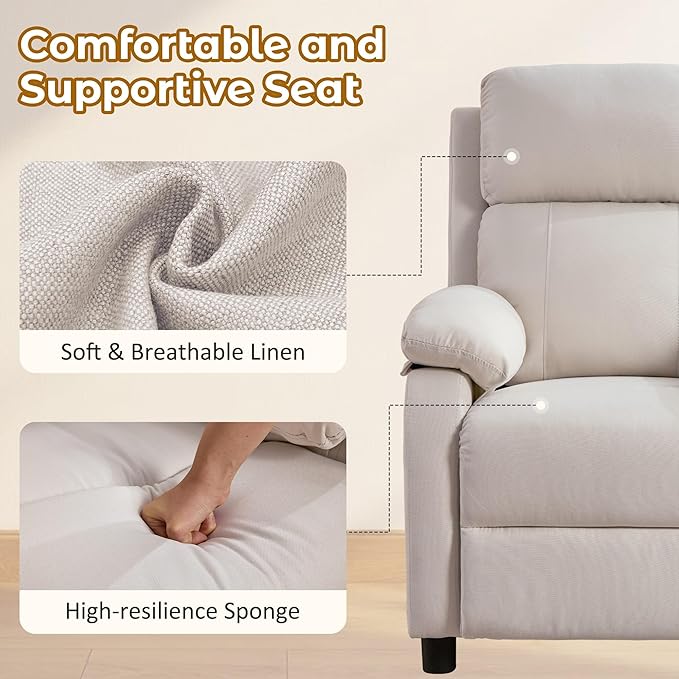Recliner Chair, Reading Chair for Adults with Side Pockets, Recliners with Padded Deep Seat, Small Recliners for Small Spaces, Linen Fabric Comfy Chair for Bedroom, Living Room, and RV