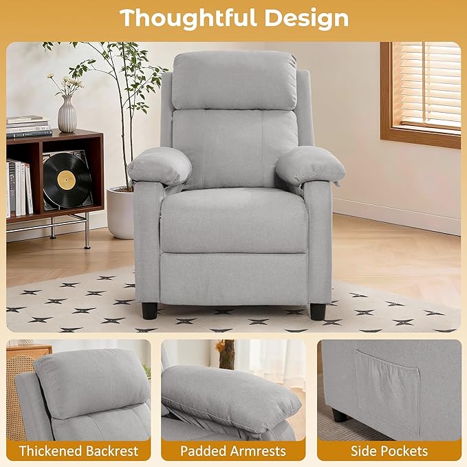 Recliner Chair, Reading Chair for Adults with Side Pockets, Recliners with Padded Deep Seat, Small Recliners for Small Spaces, Linen Fabric Comfy Chair for Bedroom, Living Room, and RV