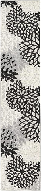 Nourison Home Aloha Indoor/Outdoor Black White 2'3" x 12' Area Rug, Tropical, Botanical, Easy Cleaning, Non Shedding, Bed Room, Living Room, Dining Room, Deck, Backyard, Patio (2x12)