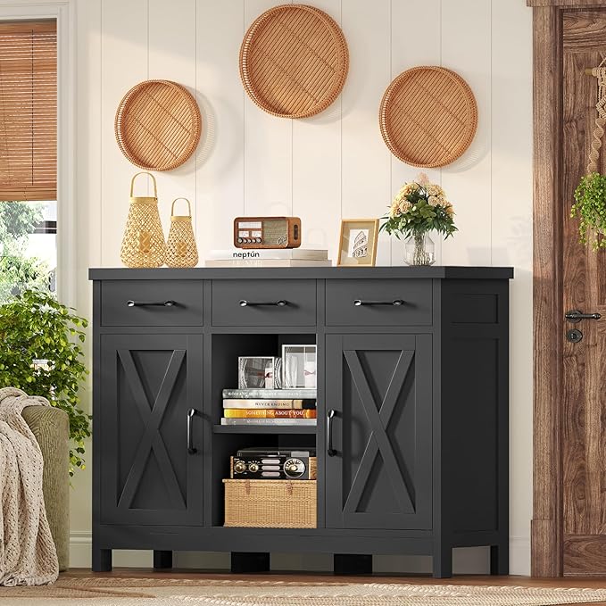 TEENFON Storage Cabinet, Coffee Bar Cabinet with 3 Drawers, 2 Adjustable Shelves & 2 Doors, Buffet Cabinet, Kitchen Cabinet for Kitchen, Dining Room, Living Room, Black