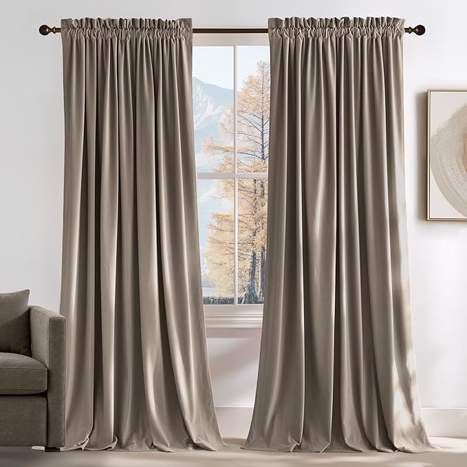 NICETOWN 120 inches Velvet Curtains - Taupe Blackout Extra Long High Ceiling Soft and Heavy Drapes for Living Room, Meeting Room and Theater, W52 x L120, 2 Panels