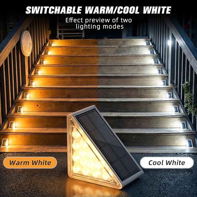 NIORSUN Solar Step Lights 12 Pack - Outdoor Stair Lights with 3000K Warm White & 6000K Cool Daylight, IP67 Waterproof, Auto On/Off, Super Bright for Deck, Patio, Steps