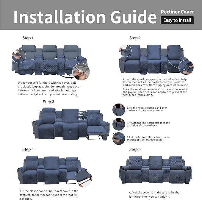 Easy-Going Recliner Sofa Cover with Console, Reversible Couch Cover for Living Room, Split Sofa Cover for Each Seat with Elastic Straps for Kids, Dogs, Pets (3 Seater, Dark Blue/Light Blue)