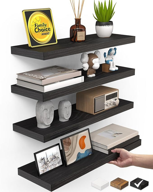 BAYKA Floating Shelves for Wall, 15.7in Wall Mounted Rustic Wood Shelves for Bathroom, Bedroom, Living Room, Kitchen, Hanging Shelf for Books/Storage/Room Decor with 22lbs Capacity (Black, Set of 4)