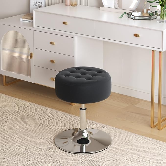Furniliving Mid-Century Velvet Tufted Makeup Ottoman Stool, Modern Big Size Swivel Round Adjustable Vanity Stool Chair for Living Room Bedroom, Black
