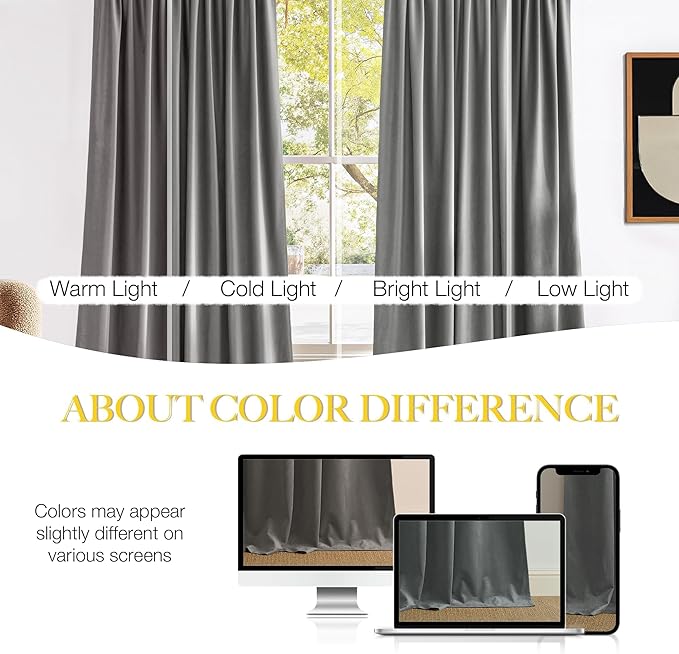 NICETOWN Super Soft Velvet Curtains 84 inches, Sound Reducing Cold Heat Insulated Heavy Matt Room Darkening Panels for Living Room (Light Grey, 2 Panels)
