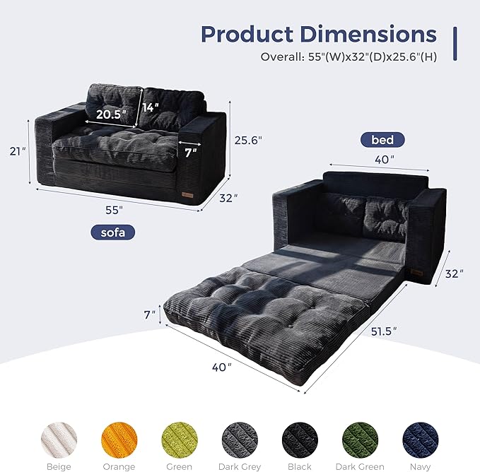 MAXYOYO Convertible Sofa Bed, Pull Out Loveseat Sleeper Sofa, 2 in 1 Folding Couch Bed, Fold Out Floor Couch with Pillows for Living Room Bedroom Lounge, Black