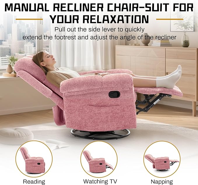 Recliner Chair, Swivel Rocker Recliner Chair for Adults, Small Recliners for Small Spaces, Manual Recliner Chair with Side Pockets, Nursery Rocking Chair for Living Room, Chenille, Rose Pink