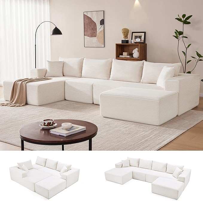 140” Cloud Sectional Couch, Modular Sectional Sofa with Deep Seat, Boneless Sofa for Living Room, Fluffy Comfy U-Shaped Couch with Left Facing Chaise, No Assembly Required, Beige