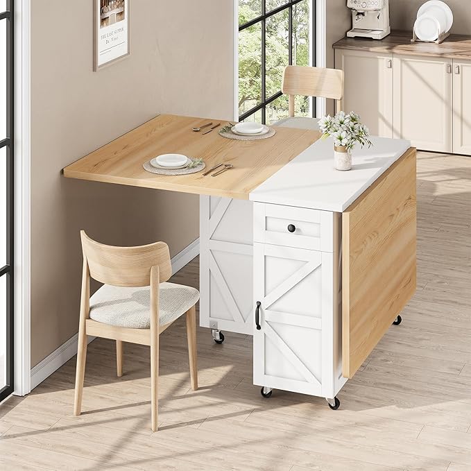 Space Saving Folding Dining Table for 4, Farmhouse Foldable Dining Table with Drawer and Storage Shelf, 6 Wheels Multipose Expandable Kitchen Drop Leaf Table for Small Space (Pear Wood White)
