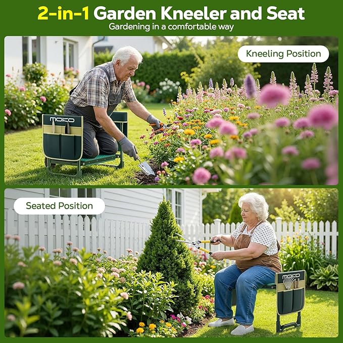 MoKo Garden Kneeler, Heavy Duty Garden Kneeler and Seat Supports up to 350Lbs, Gardening Stool with LargeTool Bag, Foldable Kneeling Stool Space Saving, Gardening Gifts for Women, Seniors, Dark Green