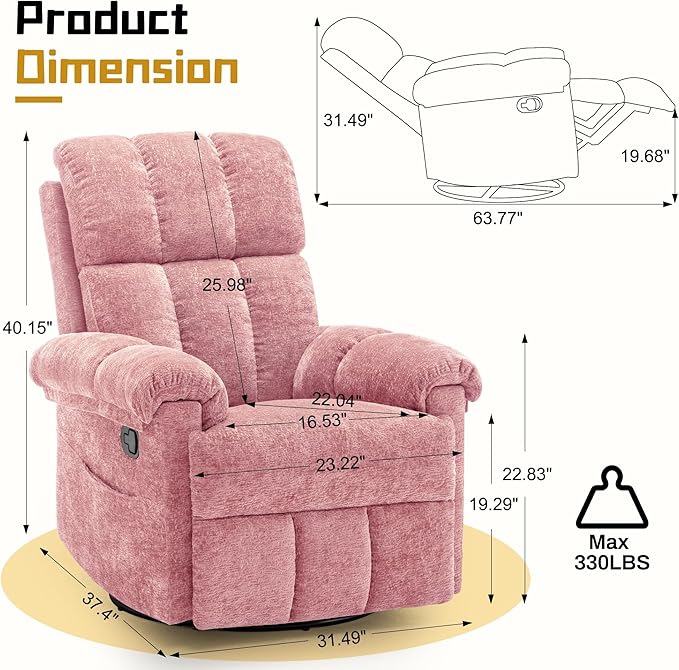 Recliner Chair, Swivel Rocker Recliner Chair for Adults, Small Recliners for Small Spaces, Manual Recliner Chair with Side Pockets, Nursery Rocking Chair for Living Room, Chenille, Rose Pink
