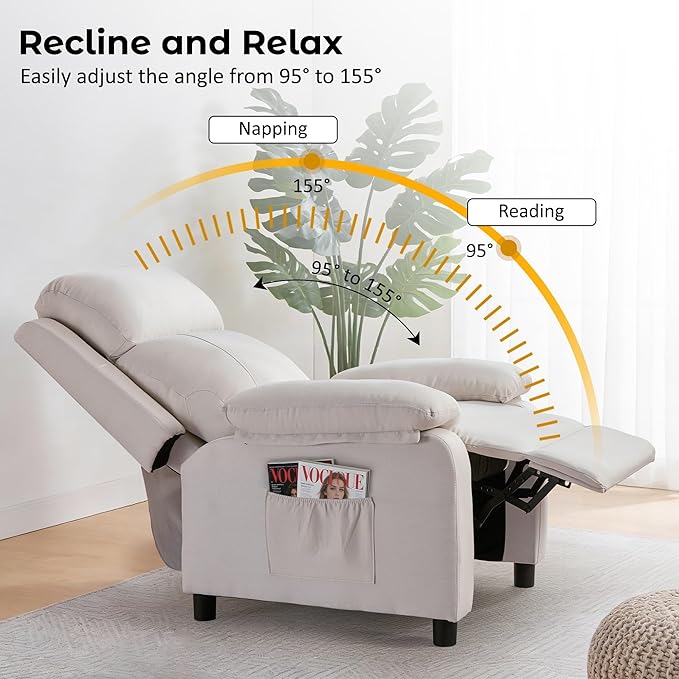 Recliner Chair, Reading Chair for Adults with Side Pockets, Recliners with Padded Deep Seat, Small Recliners for Small Spaces, Linen Fabric Comfy Chair for Bedroom, Living Room, and RV