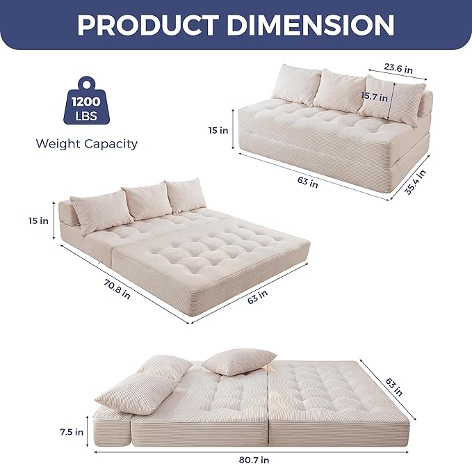 MAXYOYO Folding Sofa Couch, Convertible Floor Sleeper Couch with 2 Pillows, Tufted Floor Oversized Loveseat Couch Tufted Fold Out Chair Bed Comfy Sofa Lounge for Living Room Bedroom, Beige