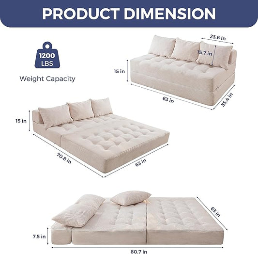 MAXYOYO Folding Sofa Couch, Convertible Floor Sleeper Couch with 2 Pillows, Tufted Floor Oversized Loveseat Couch Tufted Fold Out Chair Bed Comfy Sofa Lounge for Living Room Bedroom, Beige