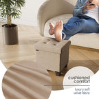 Storage Ottoman Cube with Small Bin, 15-in Square Ottoman with Storage for Living Room and Bedroom, Small Ottomans Foot Rest, Velvet Foot Stools Ottomans Max 330lbs, Taupe