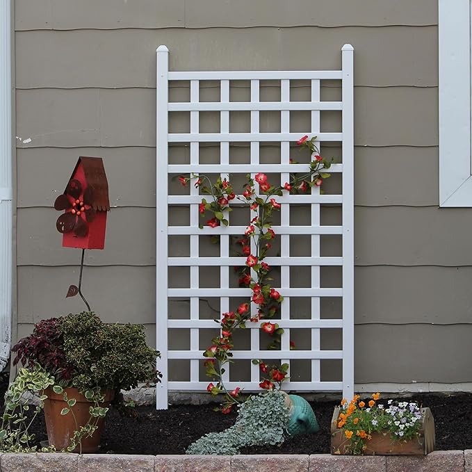 Dura-Trel 35" x 66" Country Garden Vinyl Trellis, Outdoor Plant Support Frame, White - Decorative Grid-Style Lattice for Climbing Vines, Plants & Flowers - Home Gardening and Planting Accessories