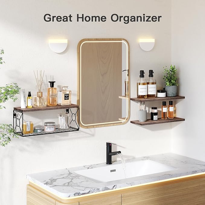 Amada Bathroom Shelves Over Toilet with Storage Basket, Floating Wall Shelf for Home Organization & Wall Decor, Bathroom/Kitchen/Living Room Shelves–Rustic Brown | with Storage Basket, Wall Decor, Bathroom, Kitchen, Living Room