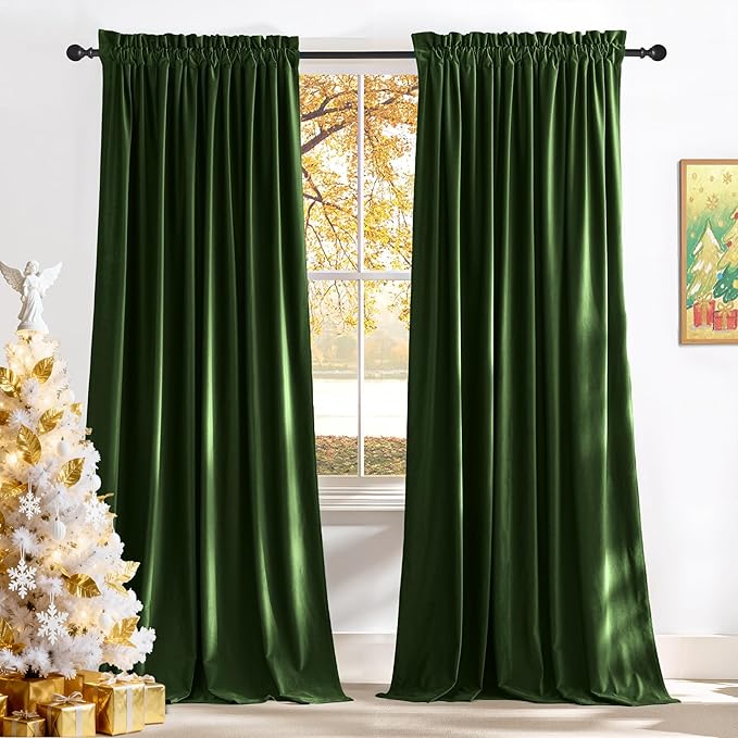 NICETOWN Olive Green Velvet Blackout Curtains 98 inch Long - Room Darkening Drapes, Super Soft Luxury Window Treatments for Bedroom and Living Room, 52" Wide Each Panel, 2 Panels