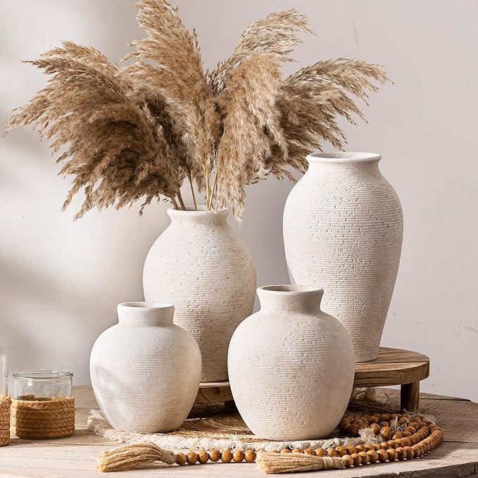 Ceramic Flower Vase Home Decor - Farmhouse Table Vases Rustic Vintage Living Room Kitchen Bedroom Decorations for House Book Shelf Office Coffee Desk Dining Fireplace (7.4" Rustic)