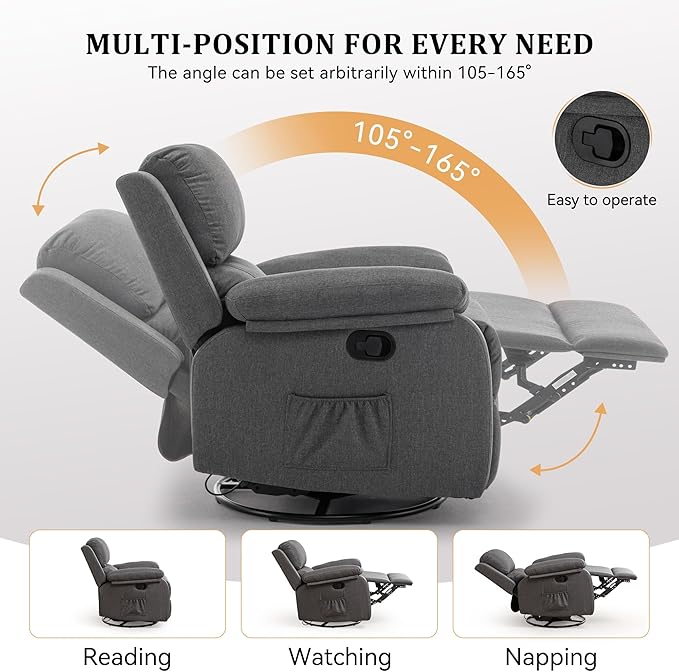 Recliner Chair, 360 Swivel Rocker Chair for Adults, Small Rocking Recliner for Small Spaces, Upholstered Fabric Glider Recliner Nursery (Swivel Rocker Recliner, Grey)