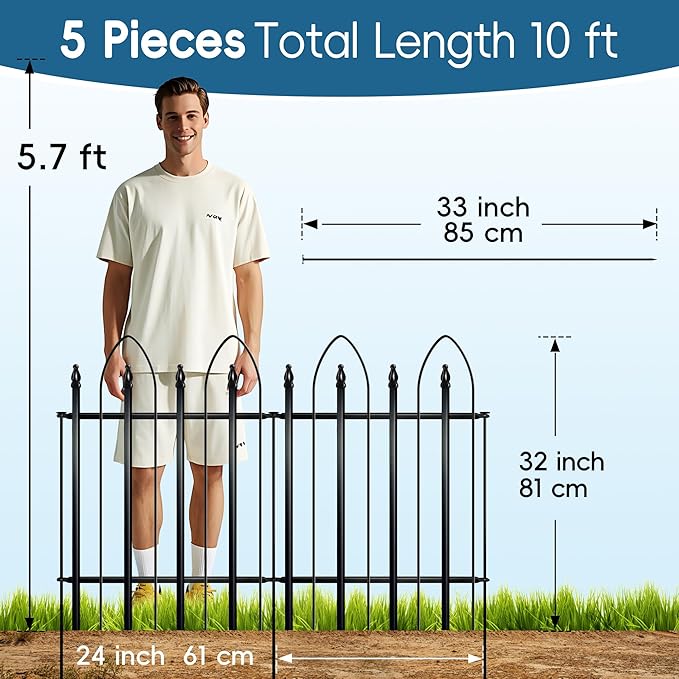 Metal Decorative Garden Fence Metal Border Folding Fence, Landscape Fencing Dog Fence Pet Fence for Flower Bed, Yard, Animal Barrier (32″ H x 10 ft (4 Panels + 1Gate))
