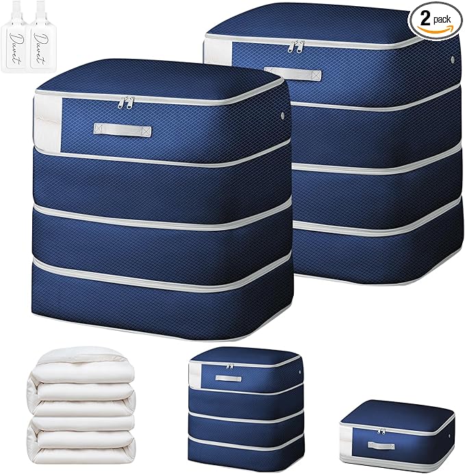 Comforter Storage Bag - Large Capacity Blanket Storage Bags 4-Layer Ultra Space Saving Self Compression Organizer, Washable Compression Bags for Storage Comforter Blanket, 2-Pack, Navy Blue