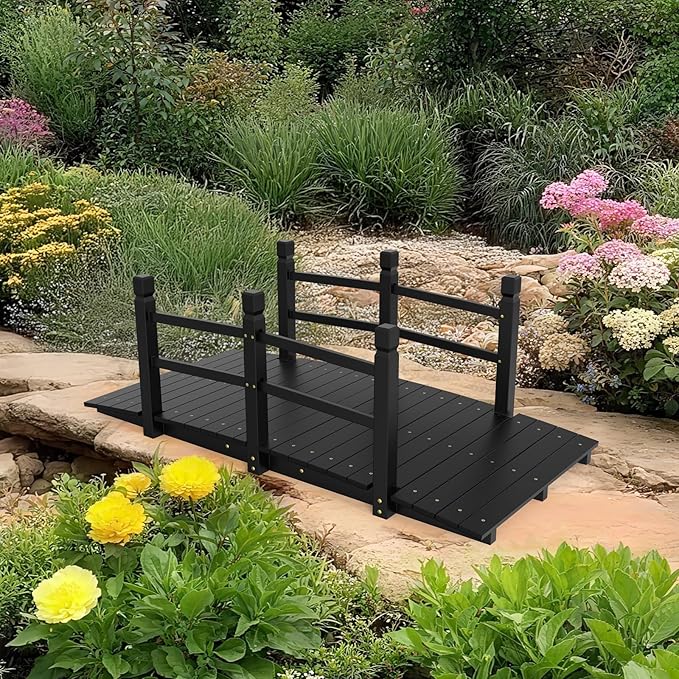 VINGLI Garden Bridge, Classic Wooden Bridge with Safety Rails, Decorative Arched Footbridge (Black, 5 ft)