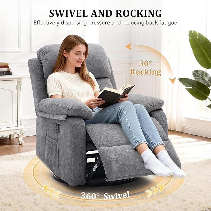 Recliner Chair, 360 Swivel Rocker Chair for Adults, Small Rocking Recliner Chair for Small Spaces, Upholstered Chenille Fabric Glider Recliner Nursery Chair with Side Pockets for Living Room