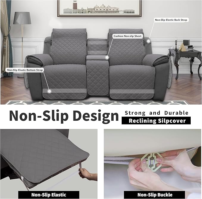 Easy-Going Loveseat Recliner Cover with Console, Reversible Couch Cover for Living Room, Split Sofa Cover for Each Seat with Elastic Straps for Kids, Dogs, Pets(2 Seater, Gray/Light Gray)