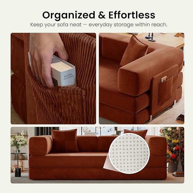 78.8" Convertible Futon Sofa Bed,Corduroy Futon Couch with Storage Pocket,Folding Pull Out Sofa,No Assembly Boneless Couch for Living Room,Orange