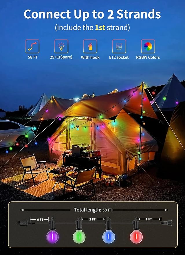Brightown Outdoor String Lights 58 Feet G40 LED Patio Lights, 27 Plastic Multicolor Bulbs(2 Spare), Remote, Timer, Waterproof Connectable Hanging Light for Porch Balcony Party Decor, E12 Base, RGBW
