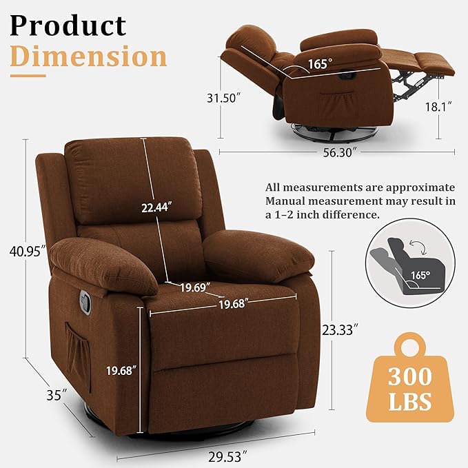 Recliner Chair, 360 Swivel Rocker Chair for Adults, Small Rocking Recliner for Small Spaces, Upholstered Fabric Glider Recliner Nursery