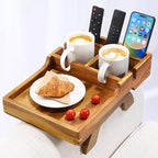 Acacia Wood Couch Arm Tray, 15.35"x9.85" Couch Armrest Table with Cup Holder, Foldable Desktop for Dual Use Sofa Arm Tray, with Non-Slip Feet