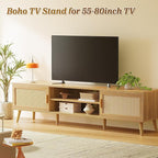SUPERJARE 70.9 Inch Boho TV Stand for 75 Inch TV, Entertainment Center with Adjustable Shelf, Rattan TV Console with 2 Cabinets, Media Console, Solid Wood Feet, 4 Cord Holes, for Living Room, Natural