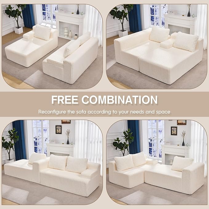 Modular Sectional Sofa Couches L-Shape Couch 3 Seat Modular Sofa Memory Foam Sectional Couches for Living Room, Cloud Couch with Oversized Chaise (White Stripe, 108" Left Facing Chaise)