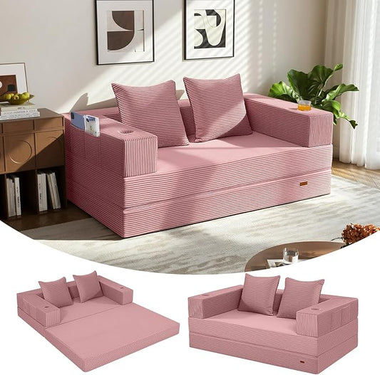 COMAX Futon Sofa Bed, 4‑in‑1 Convertible Sofa Bed, Folding Boneless Couches for Living Room, Fold Out Small Foldable Loveseat Floor Sleeper Comfy Mattress Lounge Space‑Saving, Pink