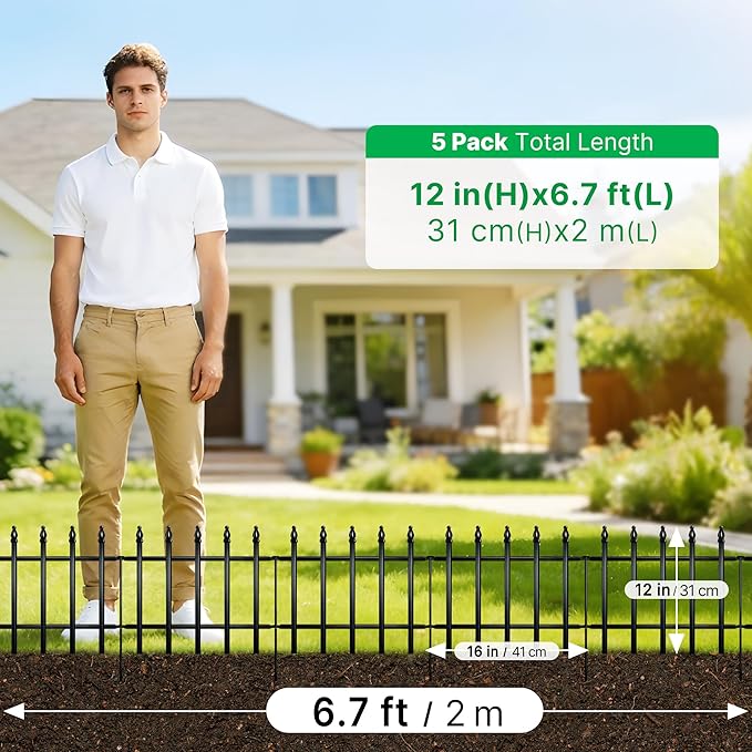 Metal Decorative Garden Fence 12" H x 16" W (5 Panels, Total Length 6.6 feet) Metal Border Folding Fence, Landscape Fencing for Flower Bed, Yard, Animal Barrier