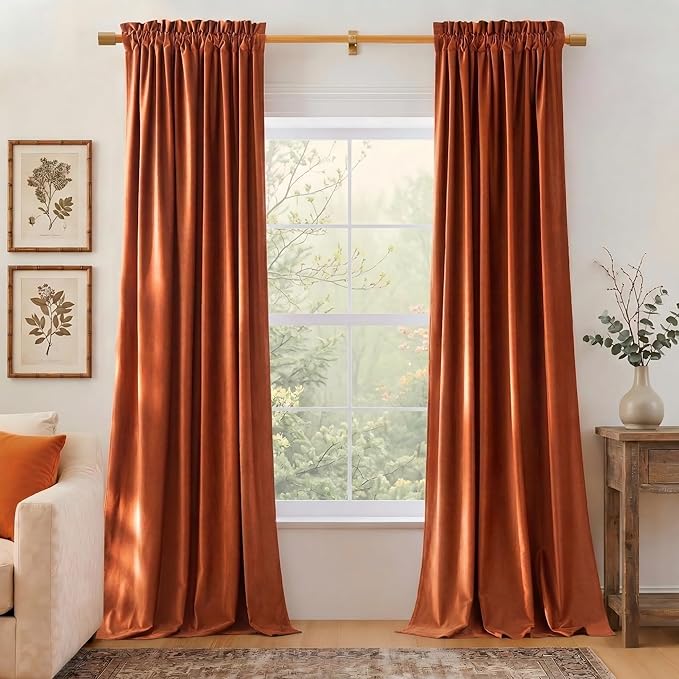 NICETOWN Orange Velvet Curtains 96 inch Long - Room Darkening Red Orange Rod Pocket Privacy Backdrops Drapes Soft Window Treatments for Bedroom and Living Room(2 Panels, 52" Wide)