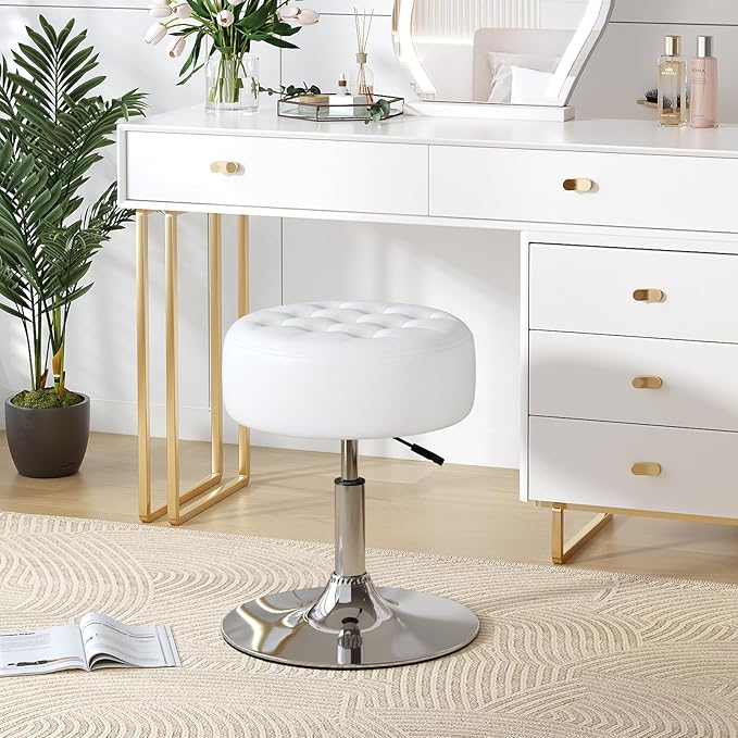 Furniliving Mid-Century Tufted Adjustable Swivel Makeup Ottoman Stool; Modern Big Size Round Vanity Stool Chair for Bedroom Living Room (White)