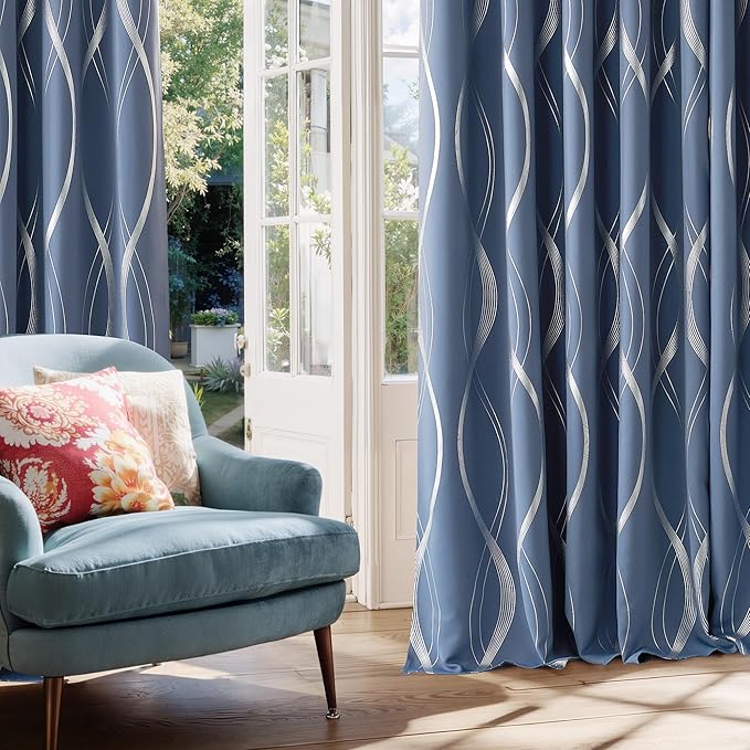 NICETOWN Stone Blue Blackout Living Room Curtain Panels 84 inch Long, W66 x L84, Noise Reducing Thermal Insulated Wave Line Foil Print Design Drapes for Patio Sliding Glass Door, 2 Panels
