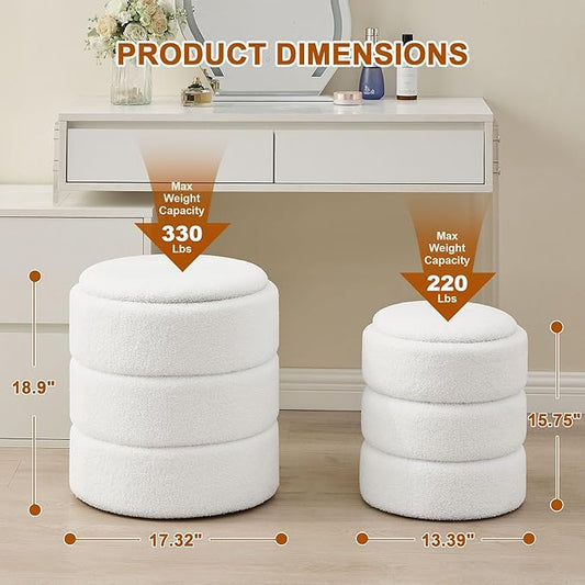 Round Ottoman with Storage Set of 2, Soft Teddy Velvet Upholstered Foot Stool Vanity Chairs, Support 330lbs Padded Seat Multifunctional Ottomans Footrest, Foot Rest for Living Room, White