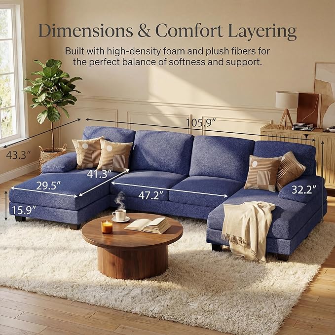 Homall Sectional U Shaped Sofa Couches for Living Room, Comfy Linen Fabric 4 Seat Sofa Set with Removable Pillows, Lounge Chaise Upholstered Couch for for Apartment (Loop Yarn, Navy Blue)