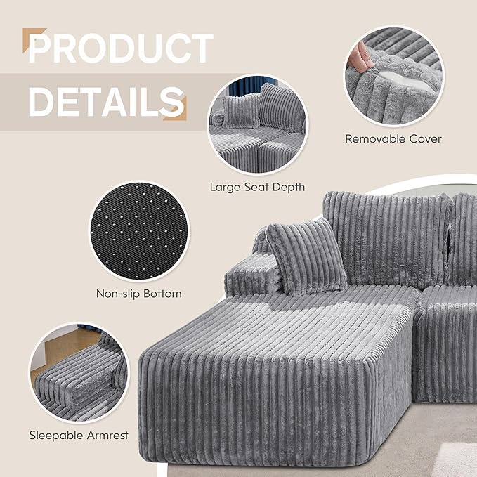 Modular Sectional Sofa Couches L-Shape Couch 3 Seat Modular Sofa Memory Foam Sectional Couches for Living Room, Cloud Couch with Oversized Chaise (Light Grey Stripe, 108" Left Facing Chaise)