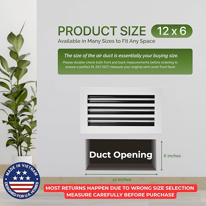 Modern Air Vent Cover 12x6 (Duct Opening) - Decorative White Aluminum Linear Slot Diffuser for Wall, Ceiling, Floor Register - Quiet Operation HVAC Grille for Home with Adjustable Airflow