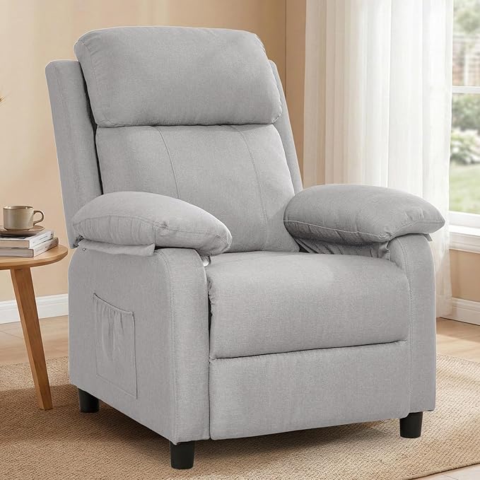 Recliner Chair, Reading Chair for Adults with Side Pockets, Recliners with Padded Deep Seat, Small Recliners for Small Spaces, Linen Fabric Comfy Chair for Bedroom, Living Room, and RV